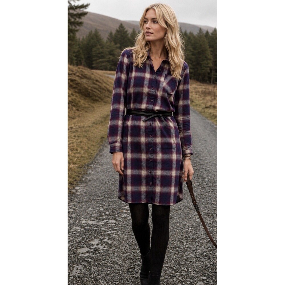 Garnet Hill Plaid Popover Dress 6 Purple Organic Cotton Cabincore